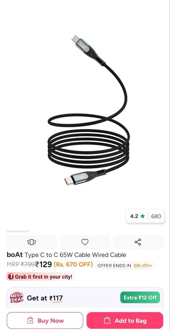 Buy BoAt Type C To C 65W Cable Wired Cable -  - Electronics for Unisex