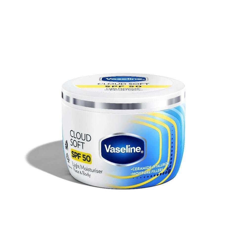 VASELINE Cloud Soft SPF 50 PA ++++ Light Moisturiser, 200 ml, for Soft and Bouncy Skin, with Ceramides & Hyaluron Moisture Fillers, Non-Sticky and Lightweight, Broad Spectrum Protection