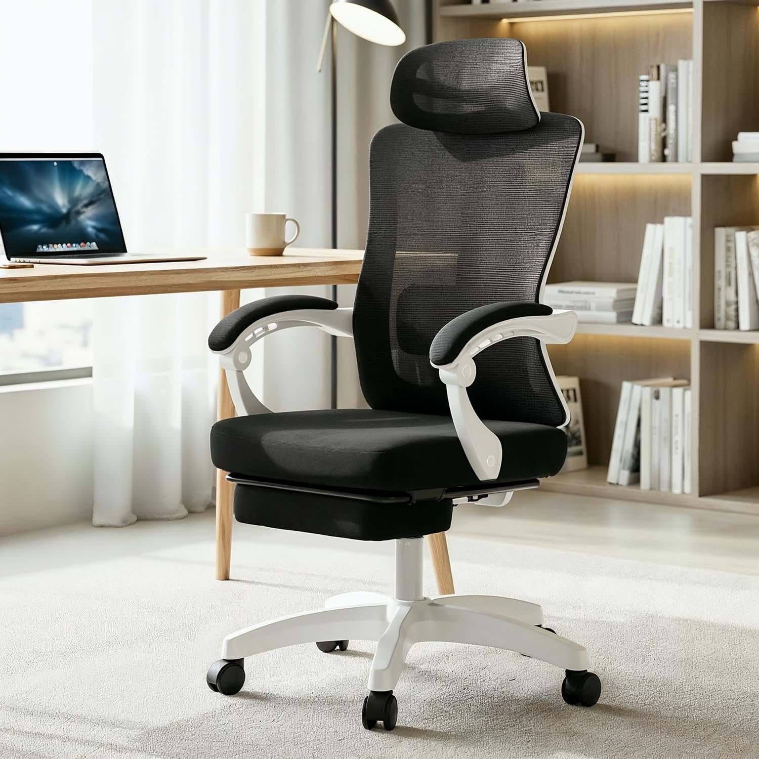 DROGO Flexo Ergonomic Office Chair for Work from Home with Mesh, Armrest, 2D Headrest & Adjustable Lumbar Support | Computer Chair for Study | Gaming Chair with Footrest & Recline (Black/White
