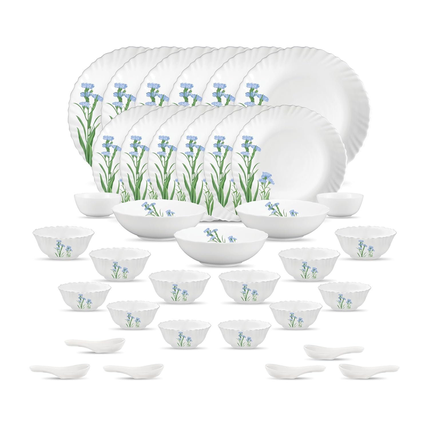 La Opala Novo Opalware Dinner Set, 35 Pcs for Family of 6, Blue Florets | Microwave & Dishwasher Safe, Bone-Ash Free, Crockery Set for Dining & Gifting, Break-Resistant, Lightweight, Made in I
