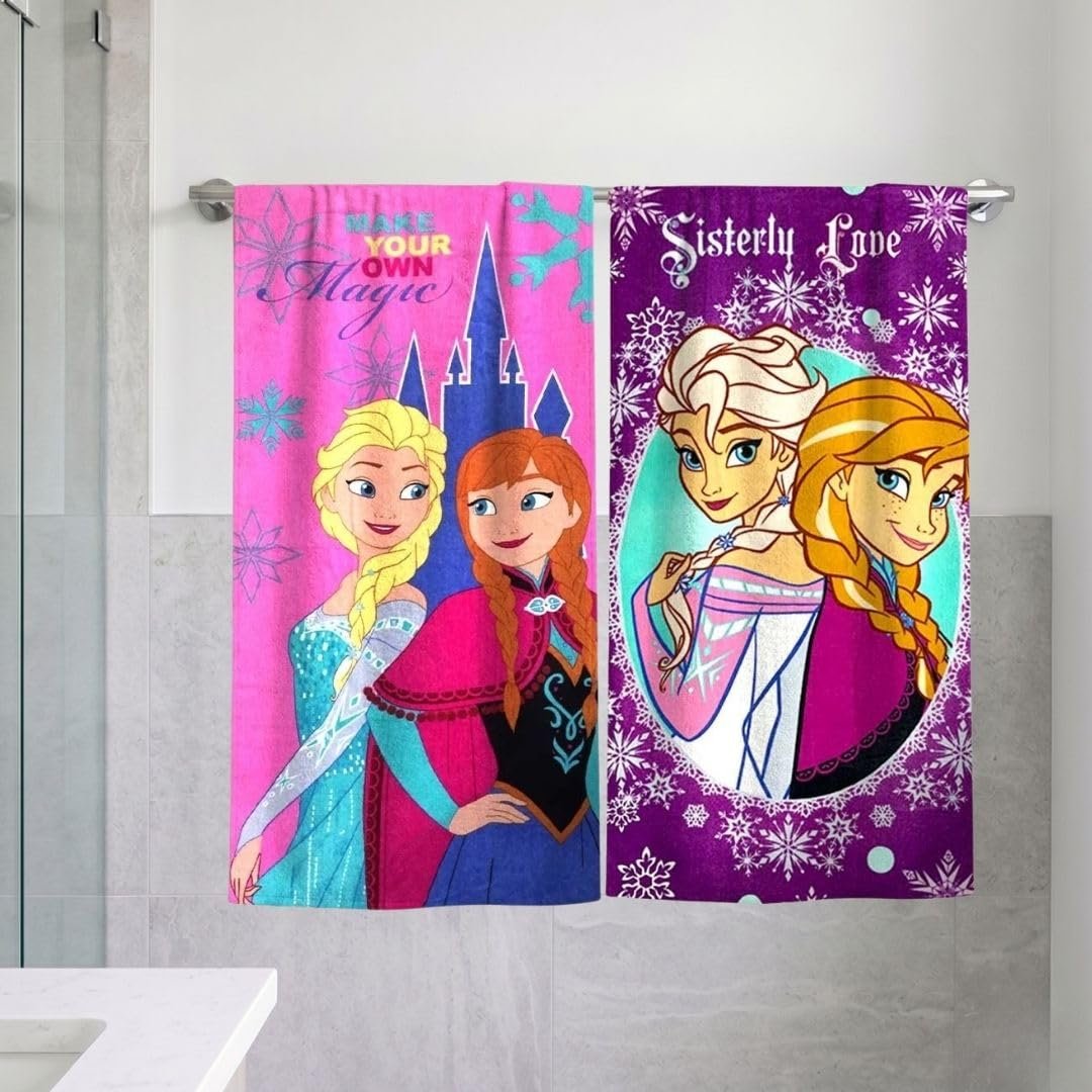 Athom Living Disney Frozen Anna & Elsa Premium 100% Cotton Kids Bath Towel 350 GSM 60x120 cm Pack of 2
