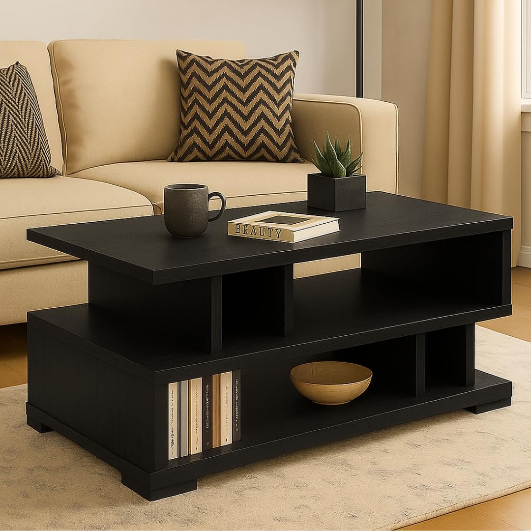 MATTERHORN Verta Engineered Wood Coffee Table | VariationTea Table with 2 Shelves | 900mm x 400mm x 400mm | Living Room Center Table | Compact & Durable for Home & Office (Ebony Black)