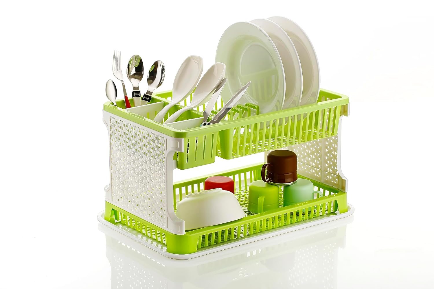 Attro Lenova Utensil Basket-Stylish and Durable Plastic Kitchen Organizer Rack Cutlery Utensil,Simple Assembly, Fruits and Vegetable Drying Drain and Storage Stand with Water Storing Tray-Green