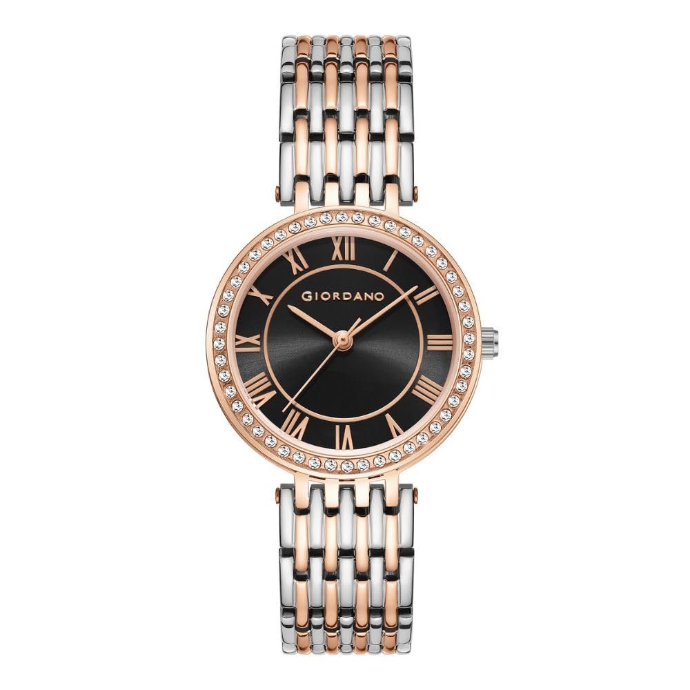 Giordano Eleganza Collection Round Analog Watch for Women, Diamond-Set with Metal Strap Ladies Water Resistant Wrist Watch - A2083