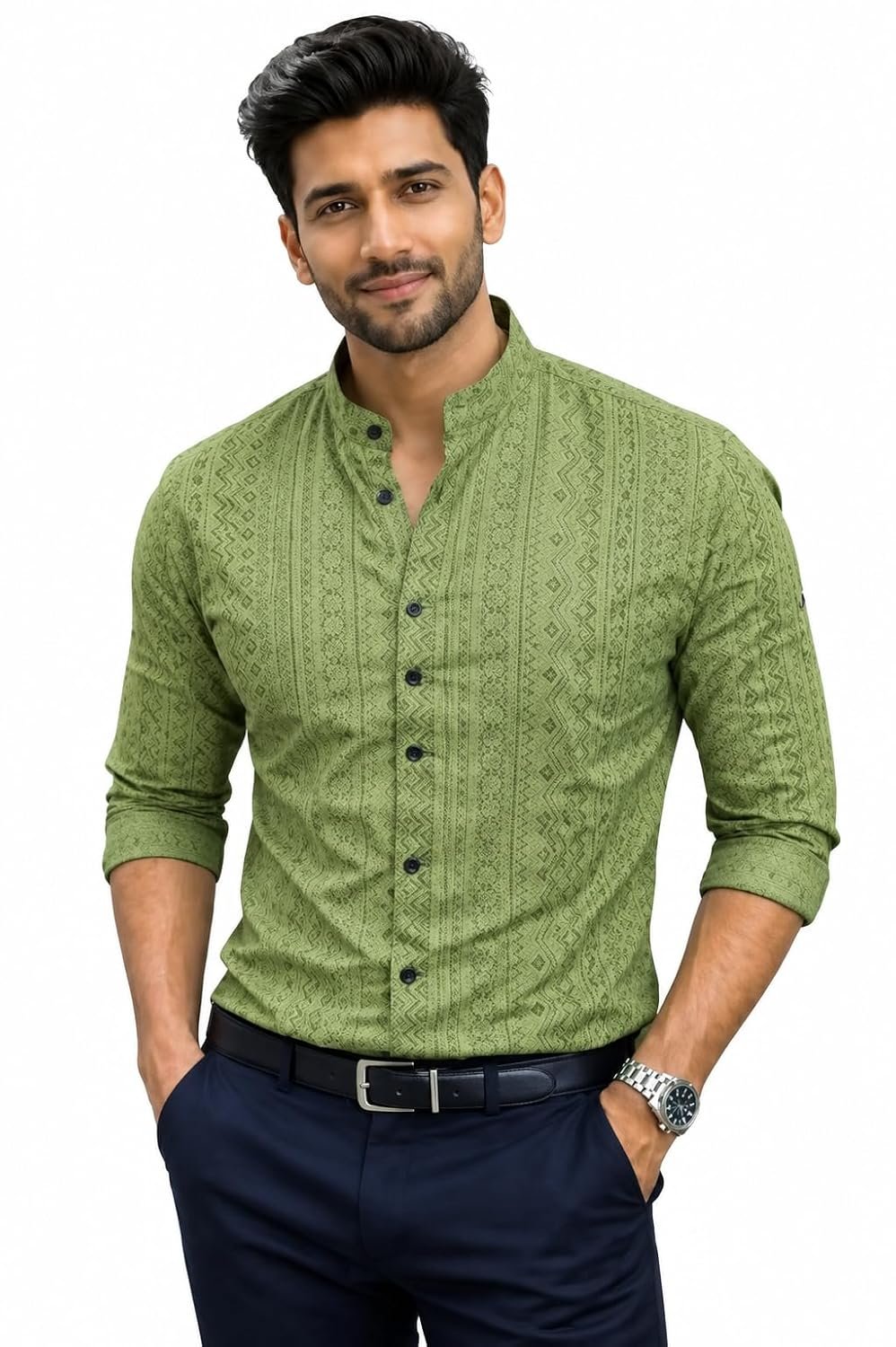 Men's Green Ethnic Print Mandarin Collar Full Sleeve Shirt | Geometric Pattern, Button-Up Front, Slim Fit, Casual Wear, Full Sleeves