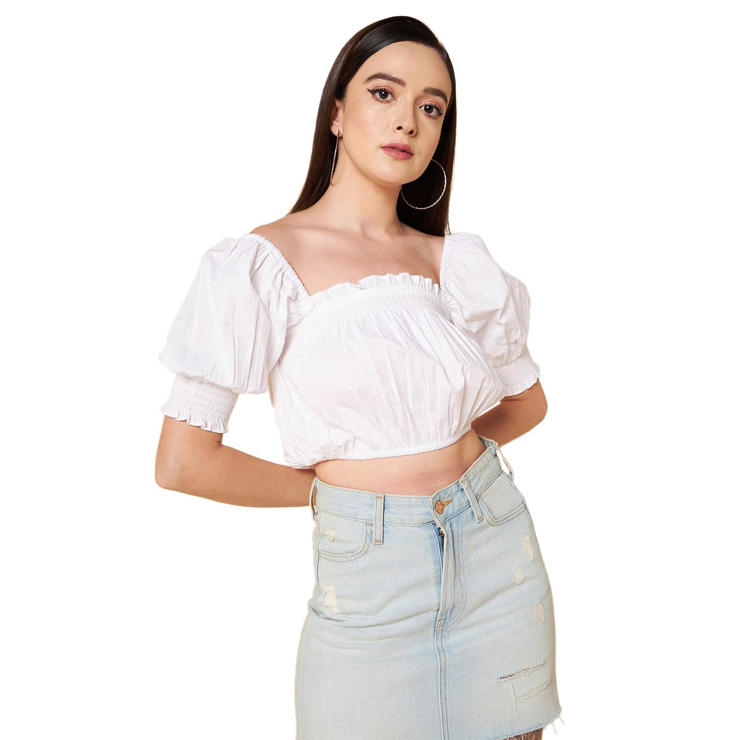 HIGH Star Women's Square Neck Puff Sleeve Pure Cotton Slim Fit Blouson Top
