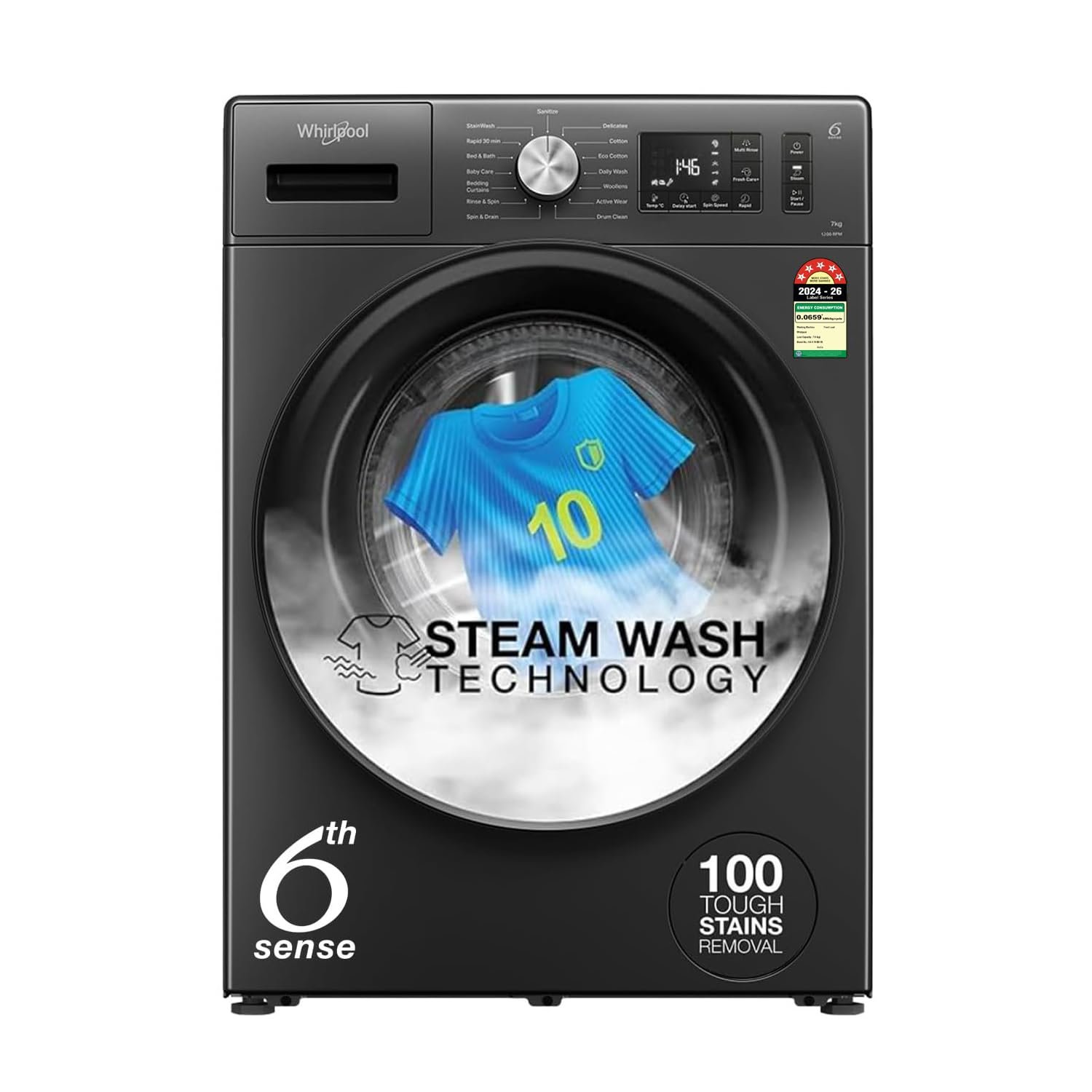 Whirlpool 7 Kg 5 Star Inverter Front Load Washing Machine with In-Built Heater (SUPREME CARE 7012 -E, Midnight Grey, 100+ Tough Stains, Steam Technology, 2025 Model)