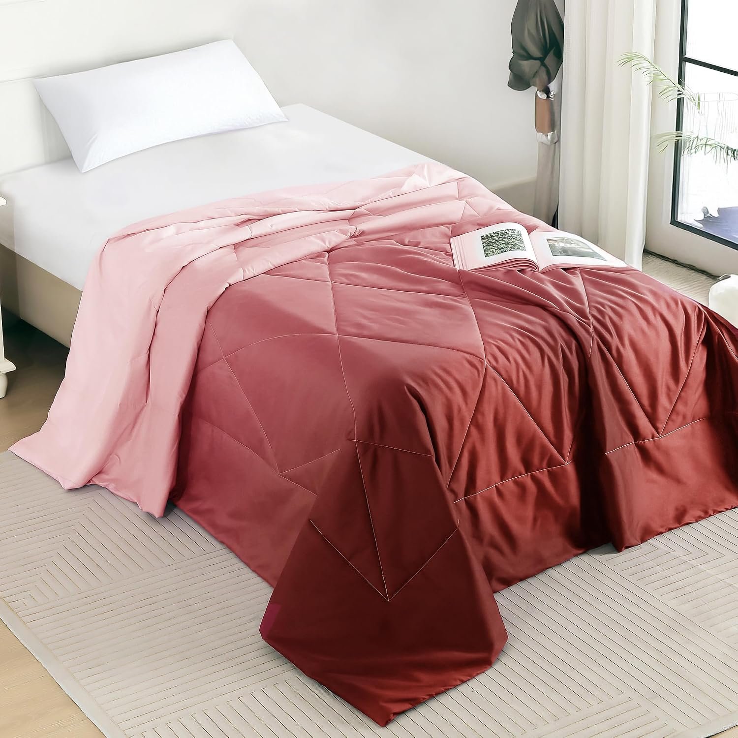 Ac Comforter Single Bed Ombre with Satin Finish 240 GSM - Reversible AC Comforter - Peach & Red Comforter Quilt Duvet Dohar Blanket for Summer 150 x 225cm