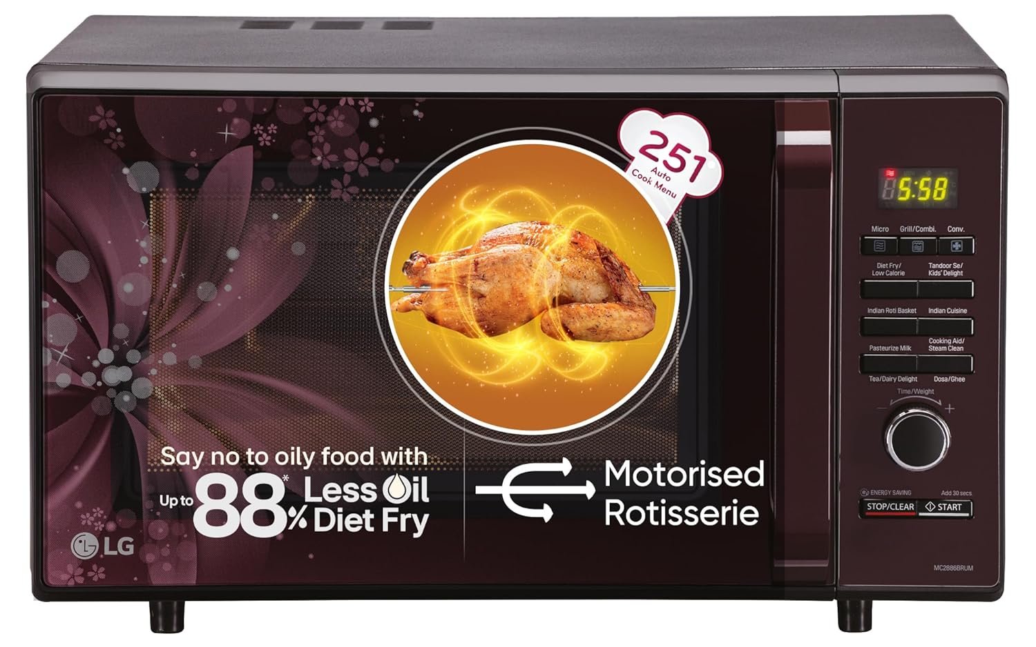 LG 28 L Convection Microwave Oven (MC2886BRUM, Black, 360° Motorised Rotisserie for Bar-be-queing, Diet Fry, Ghee in 12Mins, 251 Auto Cook Menu, Stainless steel cavity & Health Plus Menu)