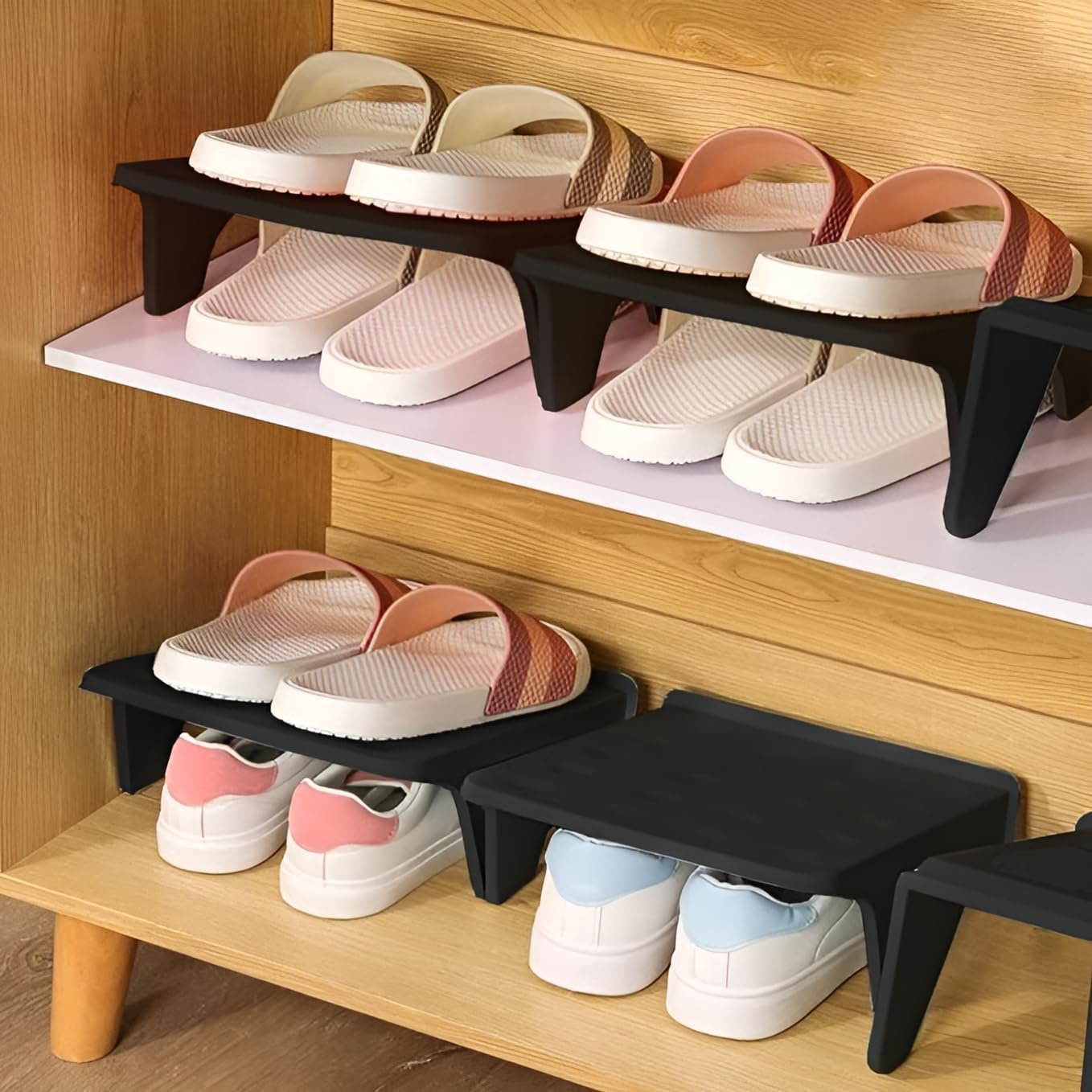 NYALKARAN Plastic Shoe Organizer Stand Space Saver Shoe Storage Rack Double Layer Free Standing Shoe Slipper Stacker (Black, Set of 2)