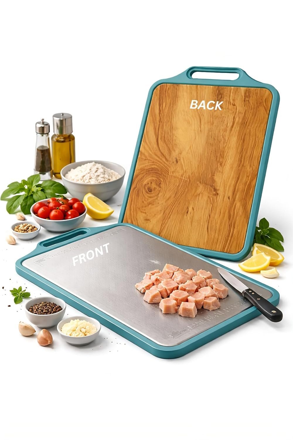 Sensilo 2 in 1 SteelWood Chopping Cutting Board, One Side Steel One Side Teak Wood, for Vegetable,Fruit,Bread & Durable Safe & Heavy Duty, (36 x 24 cm, Steel Wood)