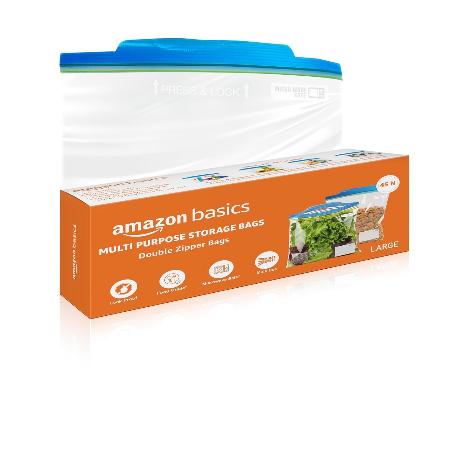Amazon Basics - Multipurpose Zip Lock Storage Bags | 45 Count | Large | 31 x 35 cm | Reusable and Reclosable with Double Zipper | Material Plastic | Leak- Proof | Food Grade | Microwave Safe