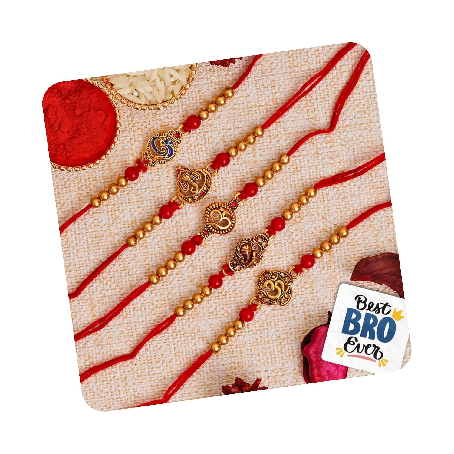 eCraftIndia Set of 5 Red & Golden Om Symbol and Lord Ganesha Designer Religious Rakhi with Roli Chawal Pack and Best Bro Ever Fridge Magnet - Rakhi for Brother, Bhaiya, Bhai