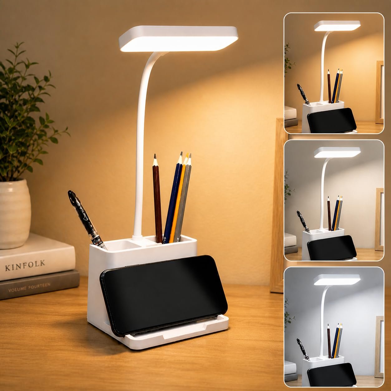 FLYNGO Plastic 3 Color Mode Led Study Table Desk Lamp For Students With Pen & Phone Holder, Rechargeable Touch On/Off Studying (204White)