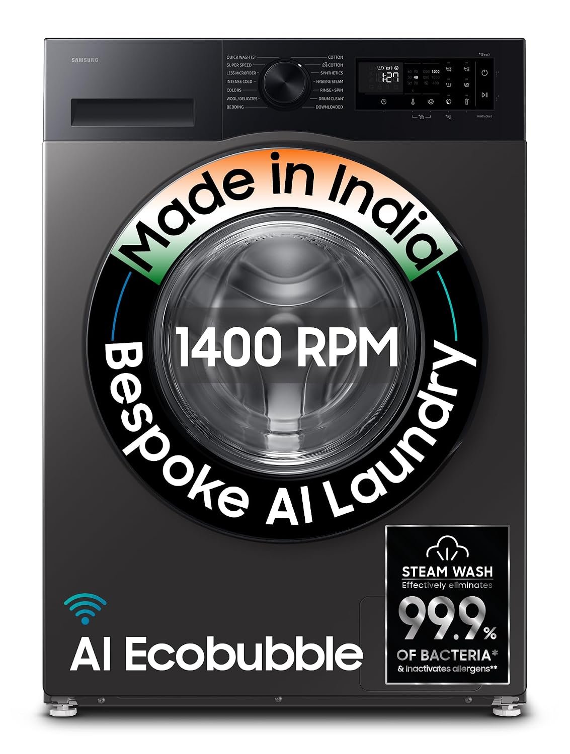 Samsung 9 kg, 5 star, AI EcoBubble, Super Speed, Wi-Fi, Hygiene Steam with Inbuilt Heater, Digital Inverter, Fully-Automatic Front Load Washing Machine (WW90DG5U24AXTL, Inox)