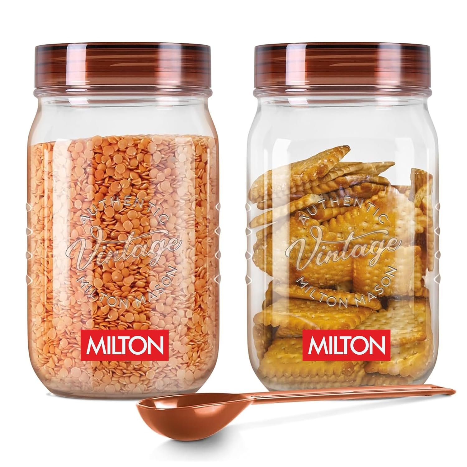 Milton Vintage Airtight Containers with Spoons for Kitchen Storage Food Grade Plastic, Stackable & Transparent Organizer Jars, Masala Dabba, Set of 2 (2 Litres each) for Tea, Coffee, Sugar, Dry Fr