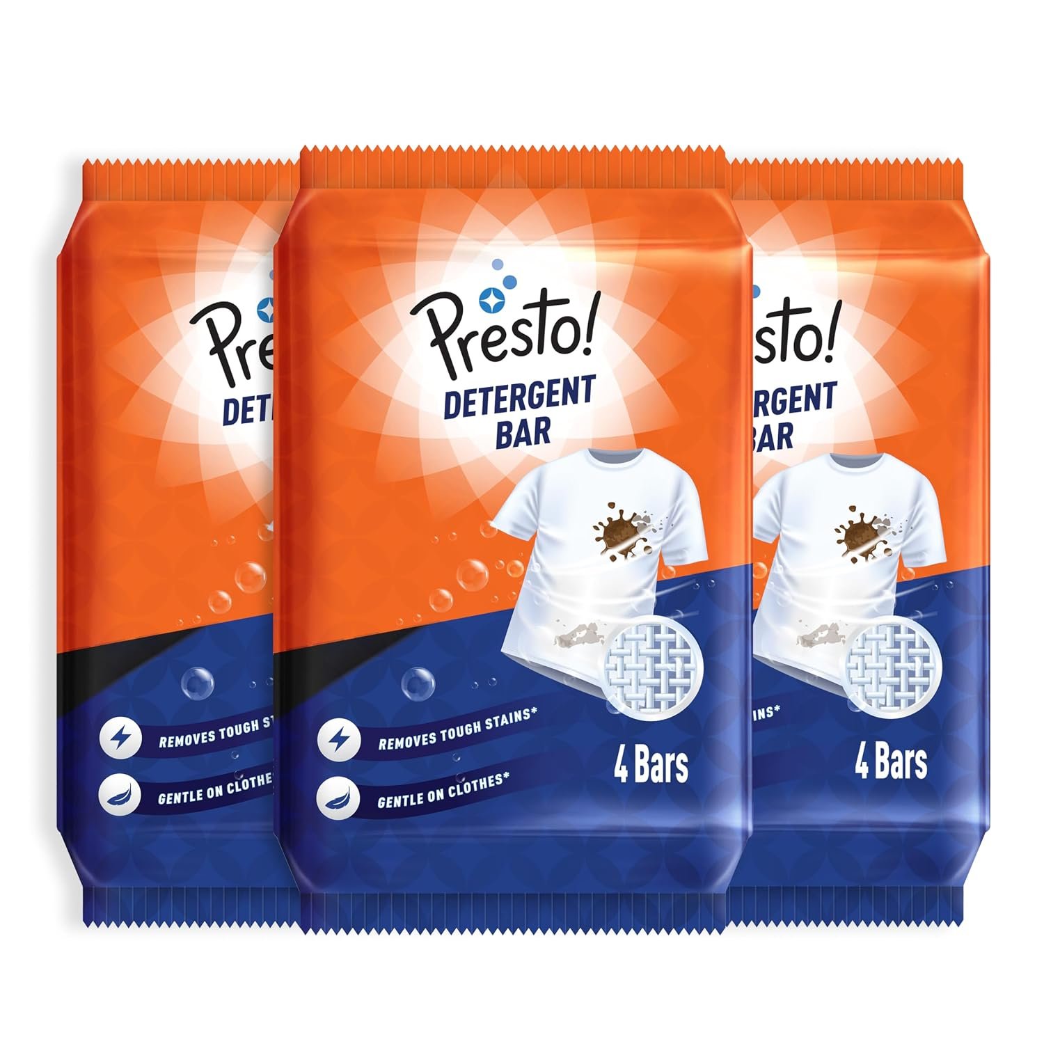 Amazon Brand - Presto! Detergent Bar | 250g | 12 Count | 4 Bars Each X Pack of 3 | Tough On Stains | Gentle On Fabrics | Colour-Safe | Refreshing Fragrance | Gentle on Hands