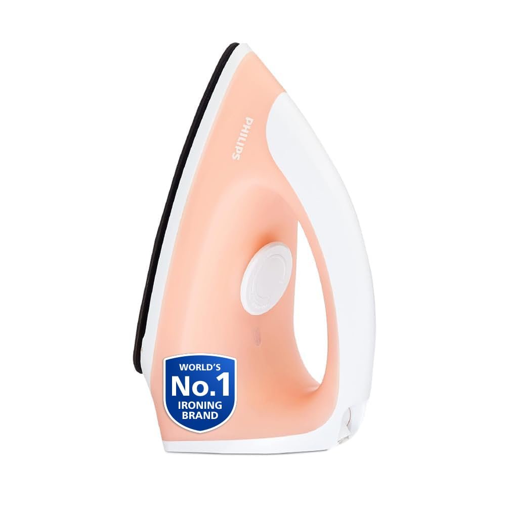 Philips GC097/50 750-Watt Dry Iron (World no. 1 Ironing Brand), Light & Easy to Use, Powerful 750 Watt Heat up with a comforable wide grip, Black Non Stick Soleplate (Peach)