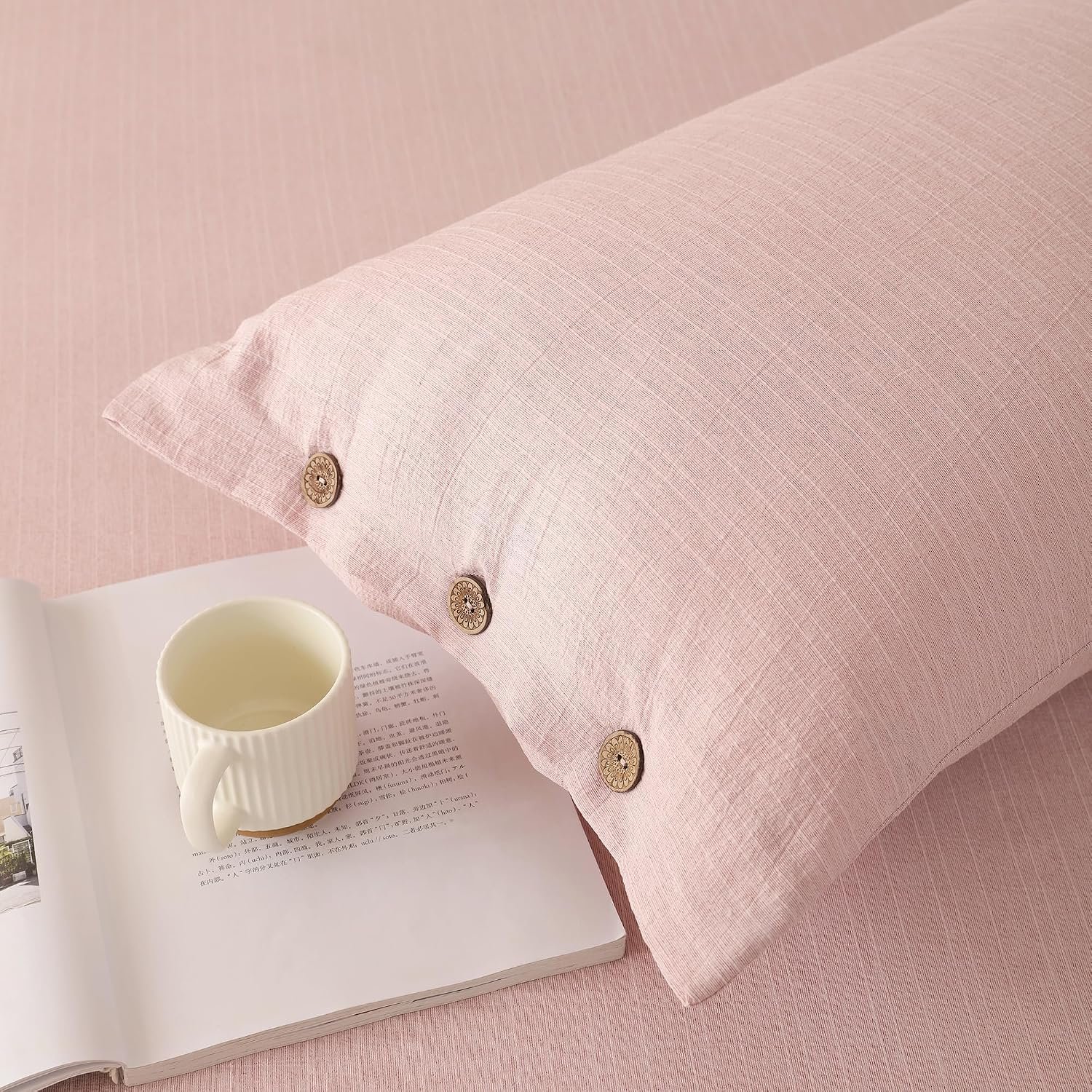 Story@Home 300 TC Linen King Size Bedsheet |Cotton Flat Sheet with 2 Pillow Covers | Super Soft Bed Sheet for King Size Bed|Striped Pattern | 250 x 270 cm | Blush Pink
