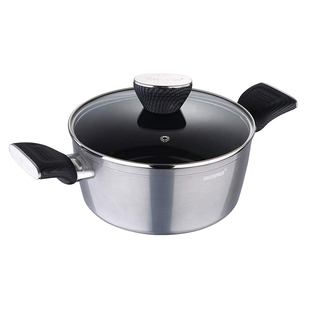 Bergner Carbon TT Forged Aluminium Non-Stick Casserole with Glass Lid, 24 cm, 4.6 Liters, Induction Base, Metallic Grey