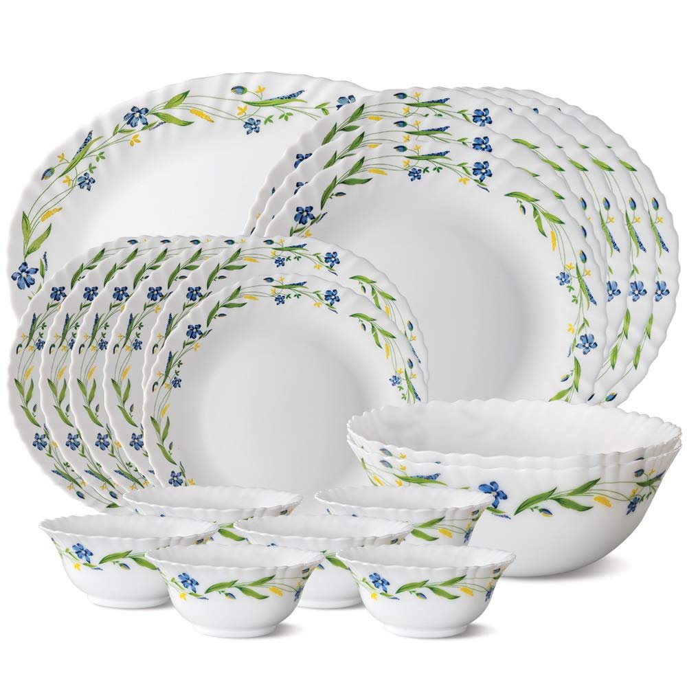 Larah by Borosil Cripper Fluted Series Opalware Dinnerset | 21 Pieces for Family of 6 | Microwave & Dishwasher Safe | Bone-Ash Free, Crockery Set for Dining & Gifting | Plates & Bowls, Whi