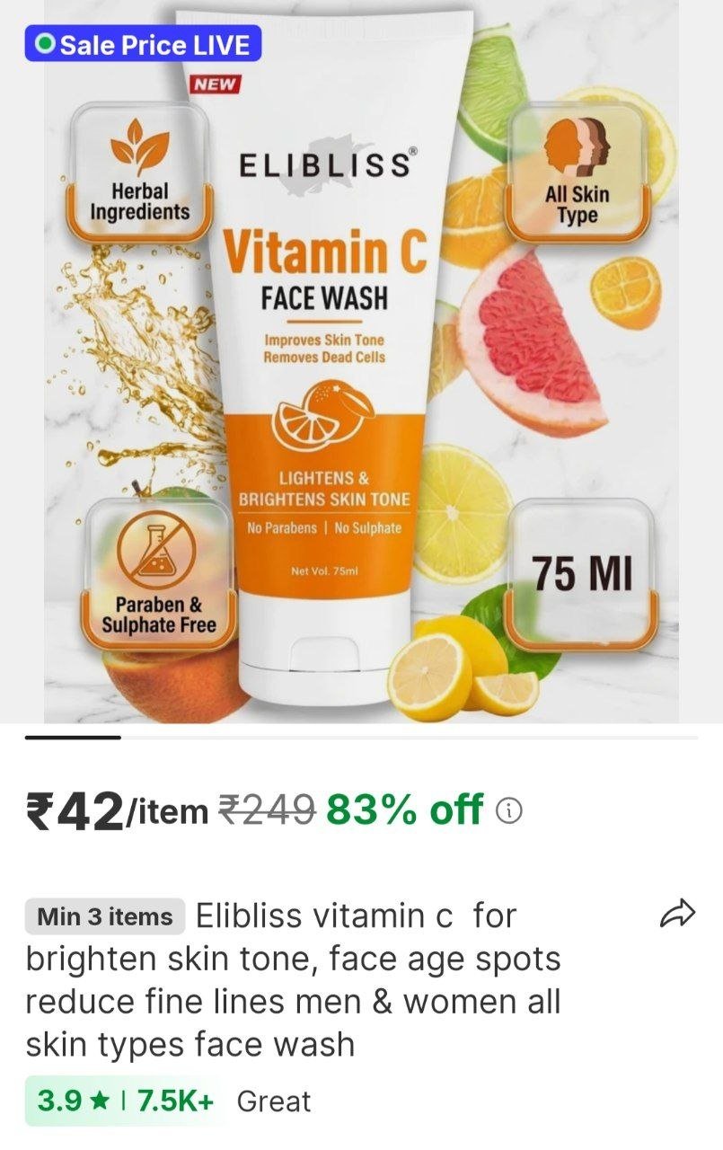 ELIBLISS Vitamin C  for Brighten Skin Tone, Face Age Spots Reduce Fine Lines Men & Women All Skin Types Face Wash Price in India - Buy ELIBLISS Vitamin C  for Brighten Skin Tone, Face Age Spots Re