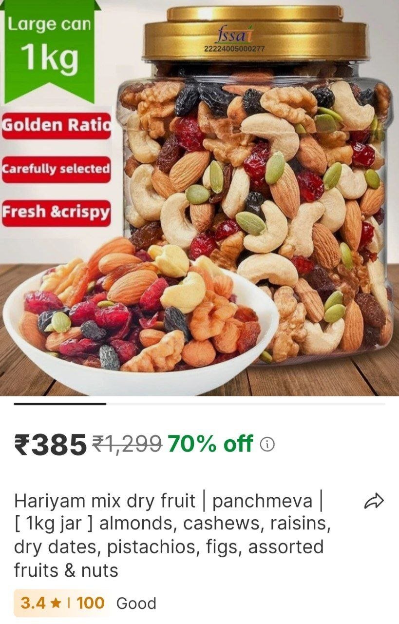 HARIYAM Mix Dry Fruit | Panchmeva | [ 1KG JAR ] Almonds, Cashews, Raisins, Dry Dates, Pistachios, Figs, Assorted Fruits & Nuts Price in India - Buy HARIYAM Mix Dry Fruit | Panchmeva | [ 1KG JAR ] 