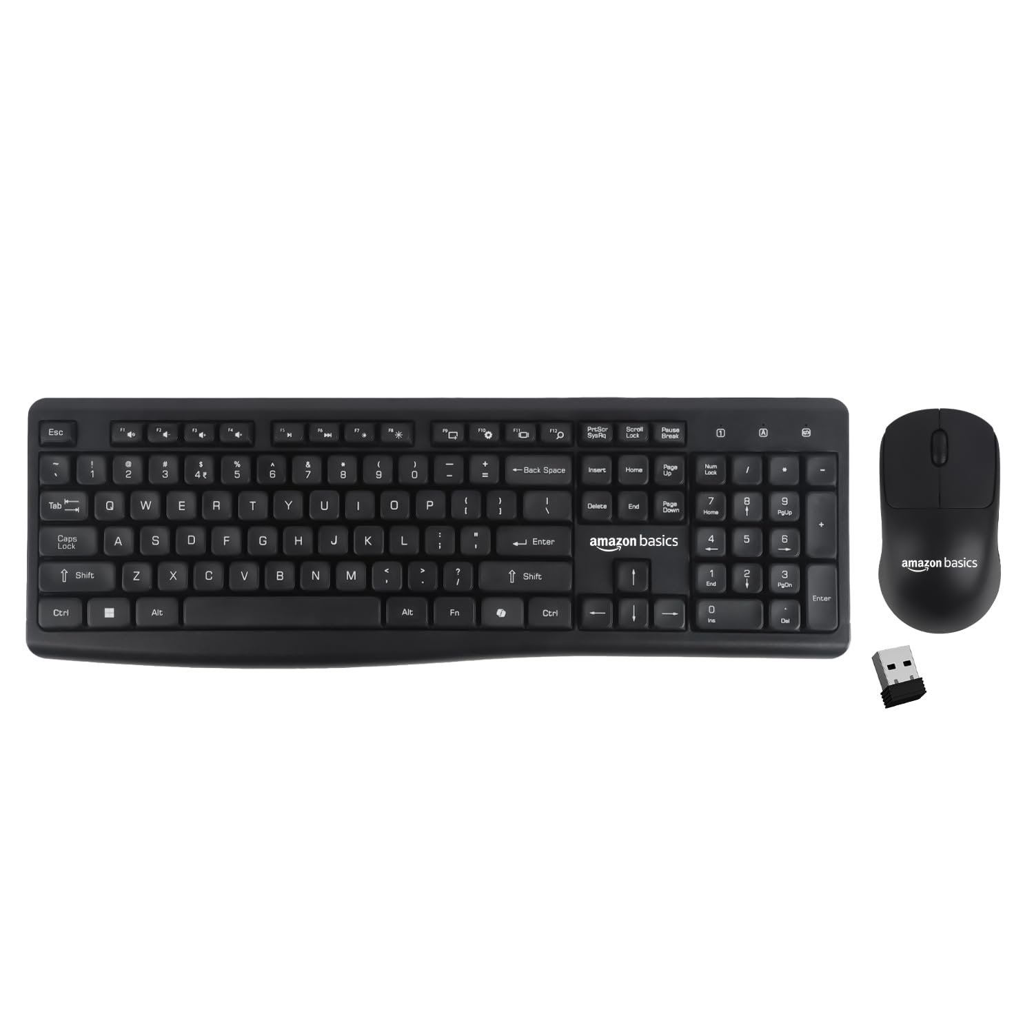 Amazon Basics Wireless Keyboard and Mouse Combo | 2.4GHz Wireless | Full-Size 104-Key Keyboard with ₹ Key | Low-Noise Typing | Compact Ergonomic Mouse | USB Receiver | Windows XP 7 8 10 11