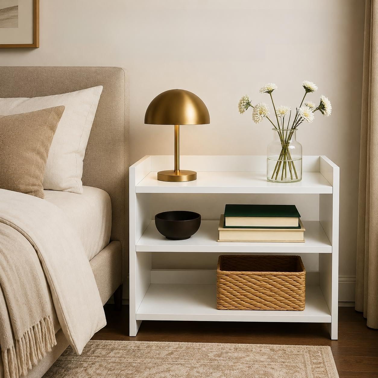 FURLAY Nova Bedside Organizer Table for Bedroom, White Side Table with Open Shelf Storage, Modern Night Stand for Lamp, Books, Basket & Daily Essentials (FWBST2 - White - 43x25x53cm)