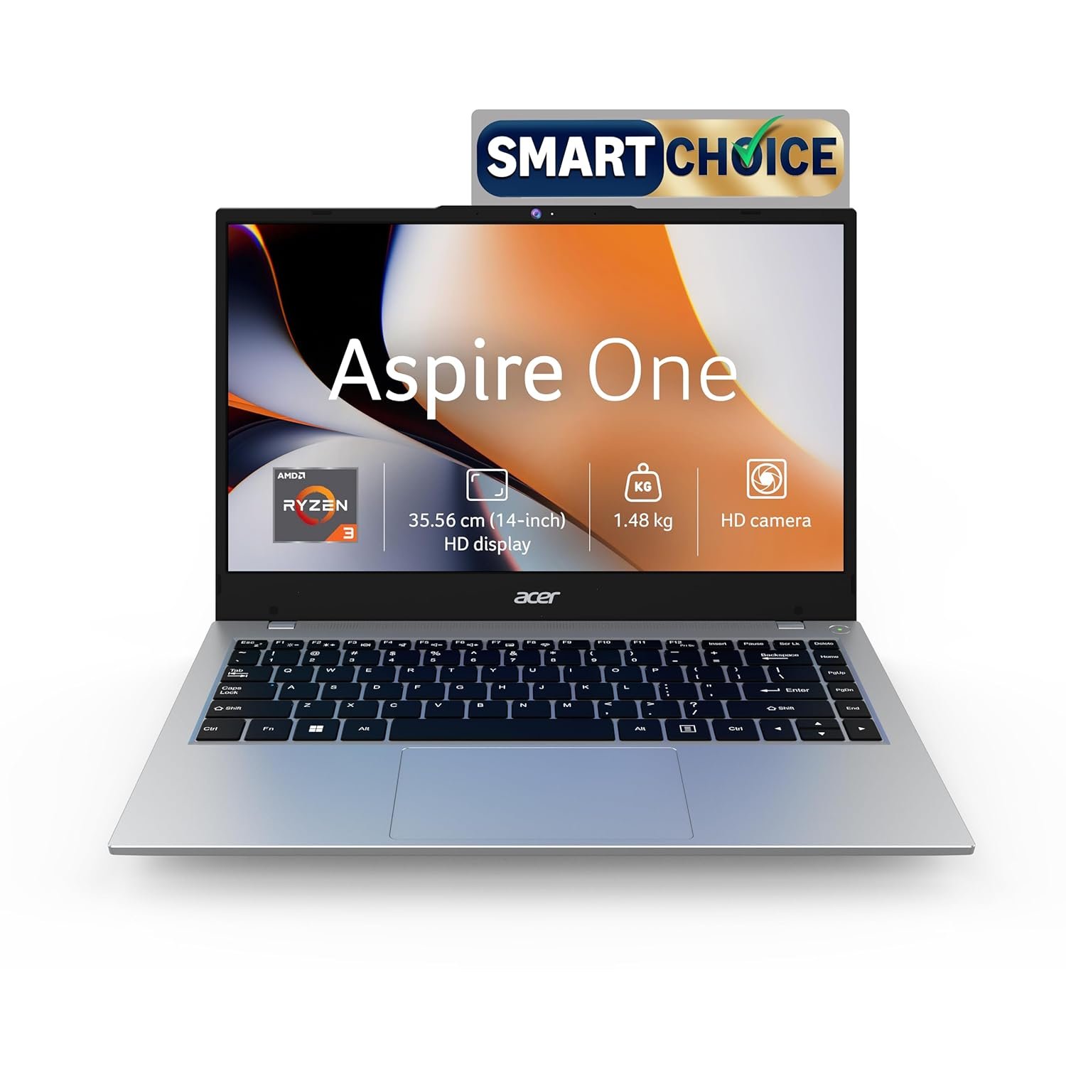 Acer Smartchoice Aspire One, AMD Ryzen 3-7320U, Office 2024 + M365 Basic, 8GB LPDDR5 RAM/ 256GB SSD, 14.0"/35.56cm TN HD Display, Win 11 Home, Pure Silver, 1.48KG, A114-43, Thin and Light Laptop