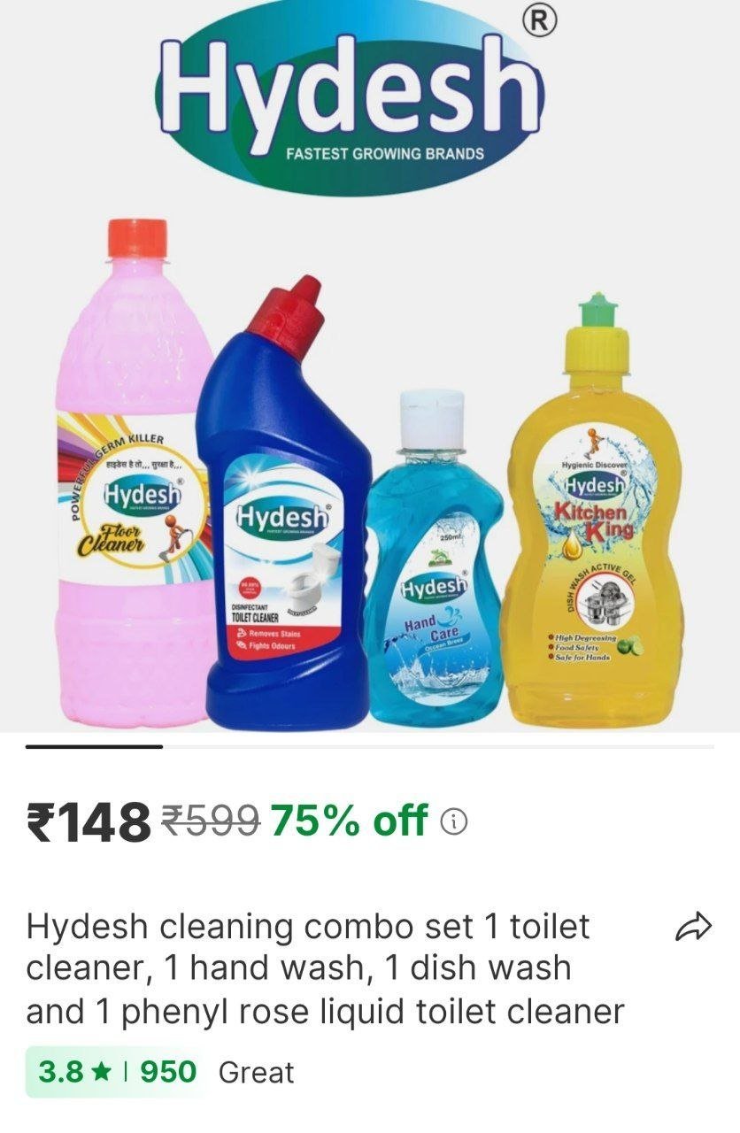 Hydesh Cleaning Combo Set 1 Toilet Cleaner, 1 Hand Wash, 1 Dish Wash And 1 Phenyl Rose Liquid Toilet Cleaner Price in India - Buy Hydesh Cleaning Combo Set 1 Toilet Cleaner, 1 Hand Wash, 1 Dish Wash A