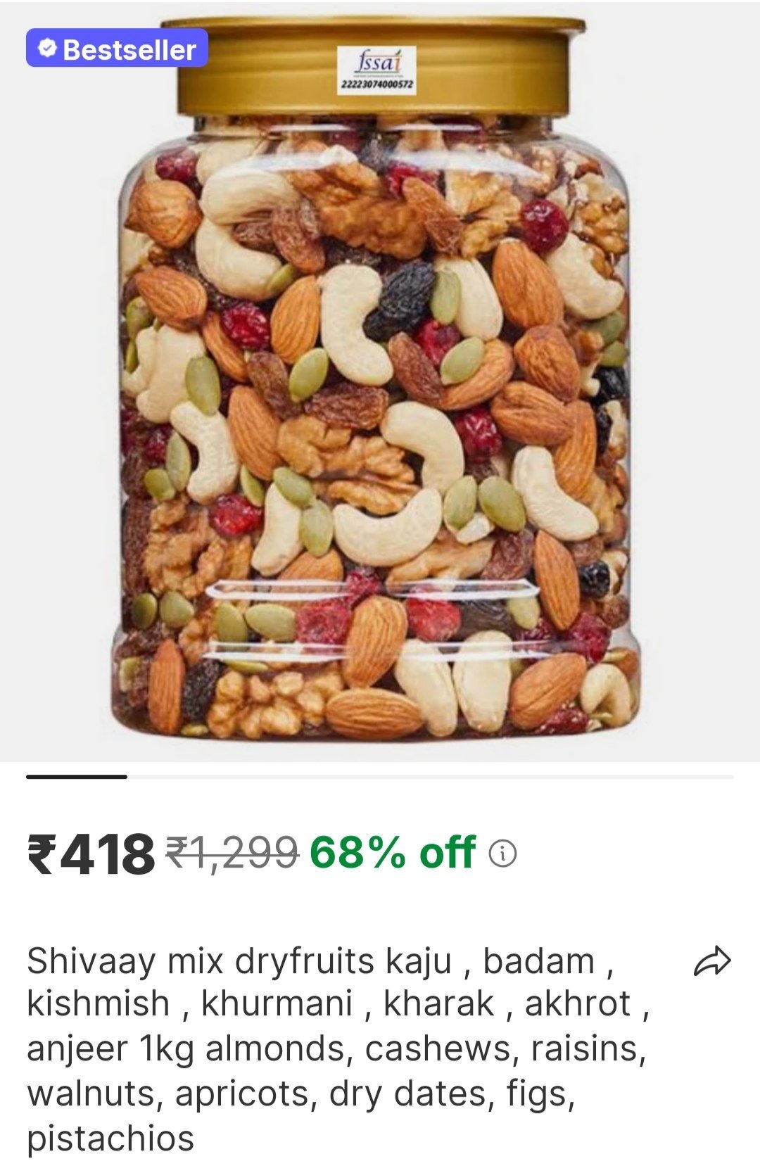 SHIVAAY mix dryfruits kaju , badam , kishmish , khurmani , kharak , akhrot , anjeer 1kg Almonds, Cashews, Raisins, Walnuts, Apricots, Dry Dates, Figs, Pistachios Price in India - Buy SHIVAAY mix dryfr