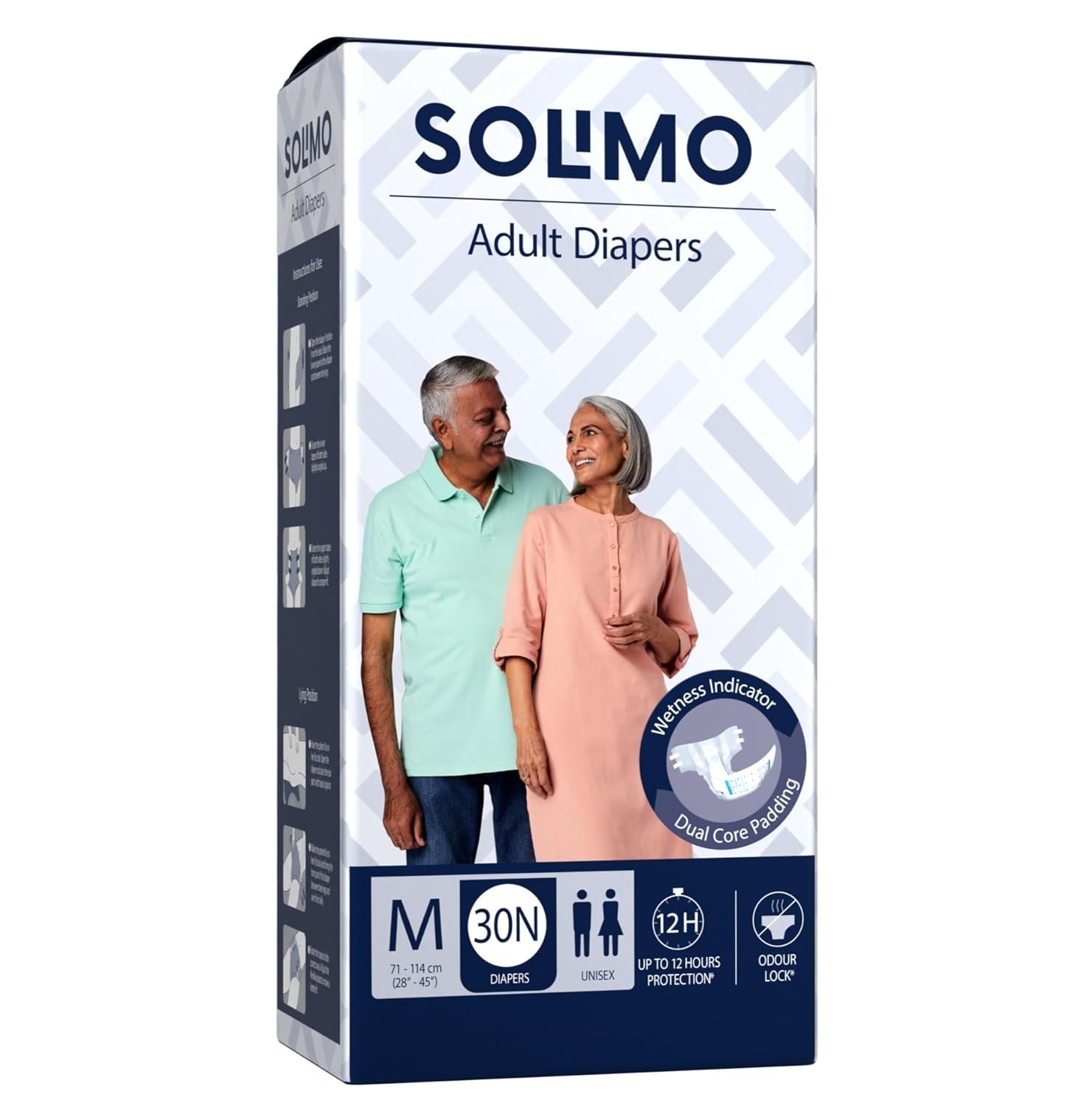 Amazon Brand - Solimo Adult Diapers Tape Style | Medium Size | 30 Count | Waist 28-45 Inch (71-114 cm) | Fast Absorption | Leak Proof | Unisex | For Men & Women