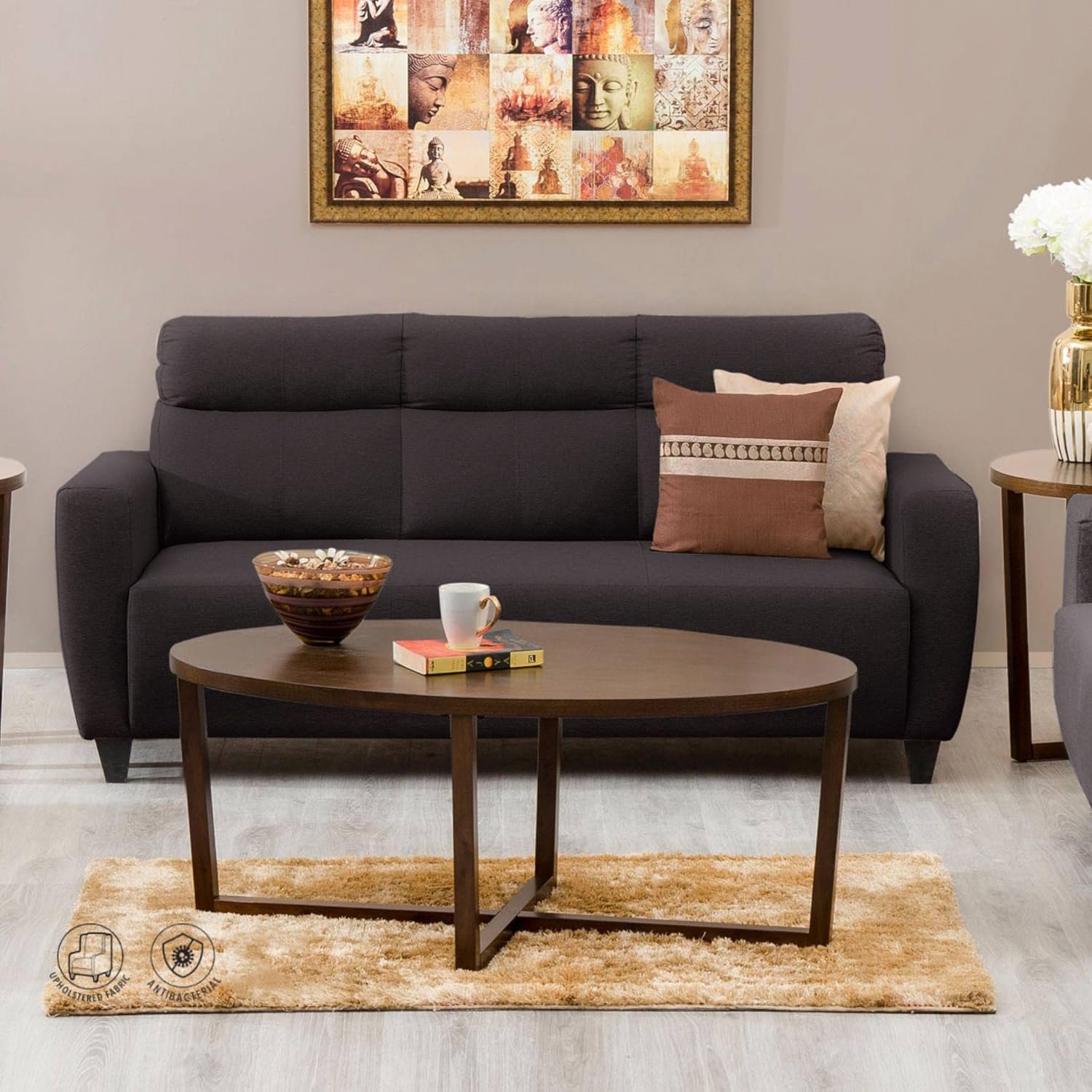 Home Centre | Helios Emily 3-Seater Fabric Sofa | Sofa for Living Room | Solid Wood | Rich Brown | 1 Year Warranty
