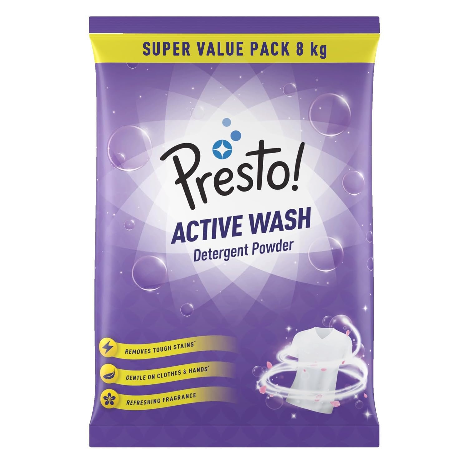 Amazon Brand - Presto! Active Wash Detergent Powder | 8 Kg | Tough On Stains | Gentle On Fabrics | Colour-Safe | Refreshing Fragrance | Machine And Hand Wash
