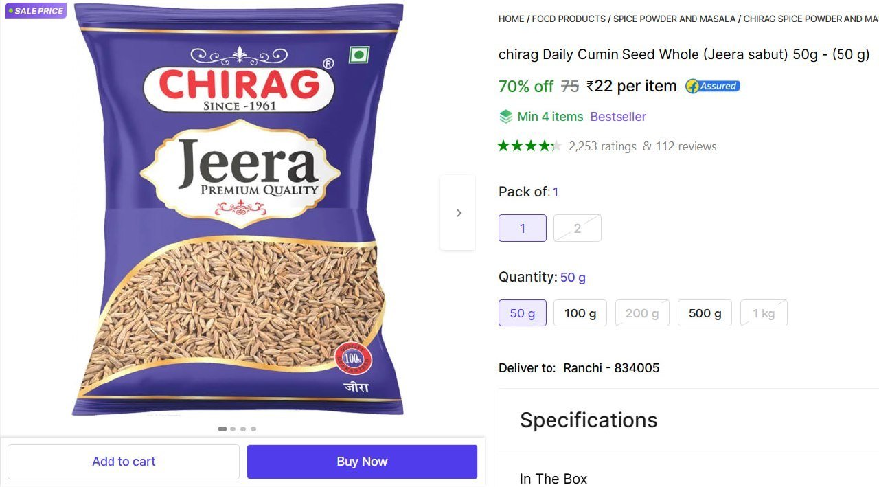 chirag Daily Cumin Seed Whole (Jeera sabut) 50g - Price in India - Buy chirag Daily Cumin Seed Whole (Jeera sabut) 50g - online at Shopsy.in