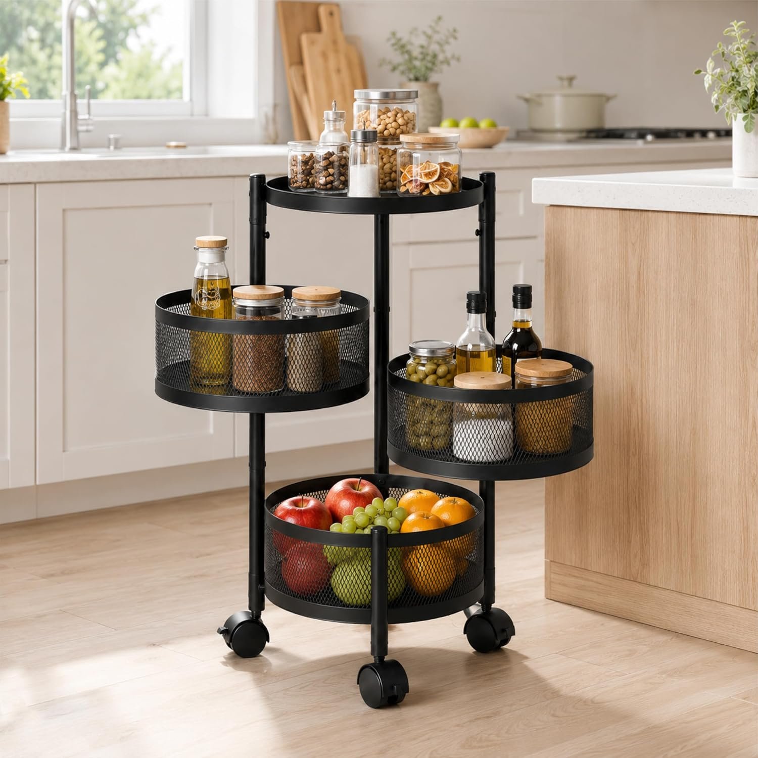 Lifelong 3-Tier Multipurpose Organizer Cart with 360-Degree Rotating Wheels | Round Mesh Basket Trolley | Metal Storage Rack for Vegetables, Fruits, Utensils | Foldable Kitchen Trolley Stand