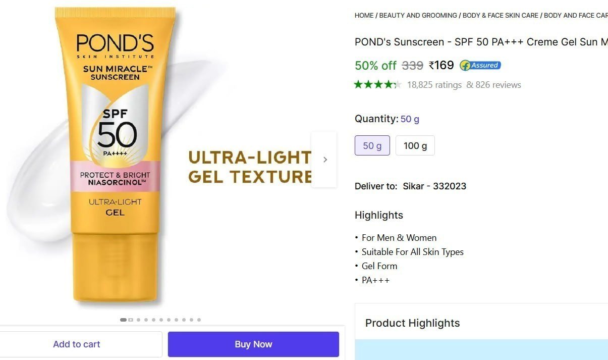 POND's Sunscreen - SPF 50 PA+++ Creme Gel Sun Miracle Protect & Bright, With Niacinamide - Price in India, Buy POND's Sunscreen - SPF 50 PA+++ Creme Gel Sun Miracle Protect & Bright,