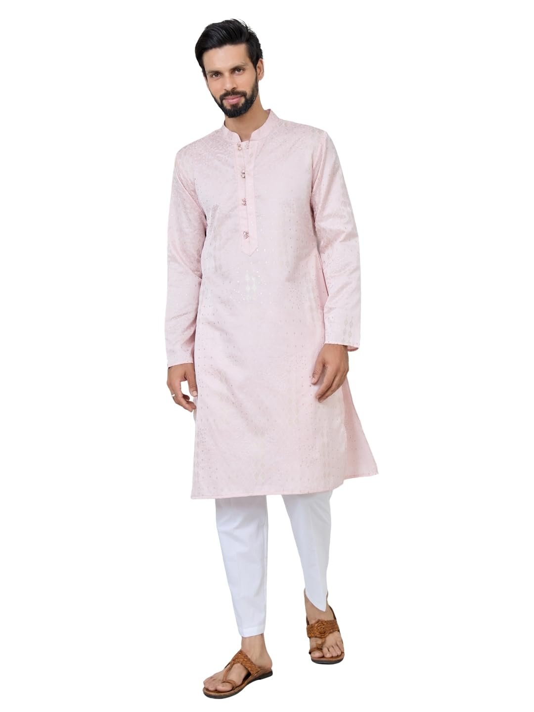 See Designs Men's Full Sleeve Mandarin Collar Floral Embroidered Mandarin Collar Thread Work Straight Long Kurta - Festive Collection