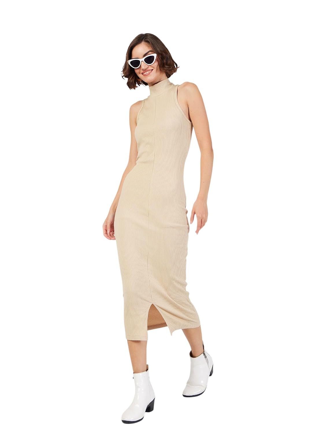 Sassafras Women Rib Turtle Neck Sleeveless Midi Dress