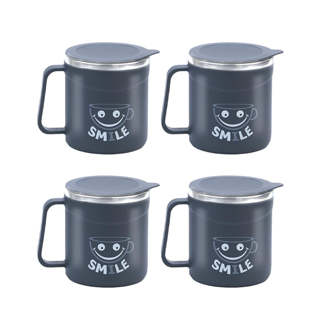 ATTRO Happy Mug Set of 4-Comes with Double Wall Inner Stainless Still & Lid Stylish Cup Ideal for Hot Coffee, Tea - 300ml-Grey