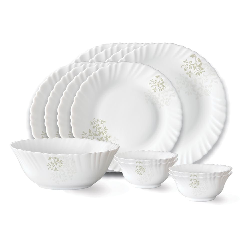 Larah by Borosil Ingot Fluted Series Opalware Dinner Set | 13 Pieces for Family of 4 | Microwave & Dishwasher Safe | Bone-Ash Free | Crockery Set for Dining & Gifting | Plates & Bowls | Wh
