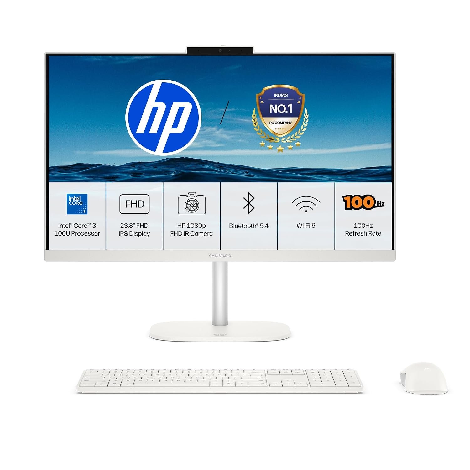 HP OmniStudio All-in-One, Intel Core 3 (i3 14th gen), (8GB DDR5, 512GB SSD) FHD, IPS, Anti-Glare, 23.8''(60.5cm), Win 11, Office 24, Cotton White, 4.98kg, Dual 3 W Speakers, FHD IR Camera, 24-