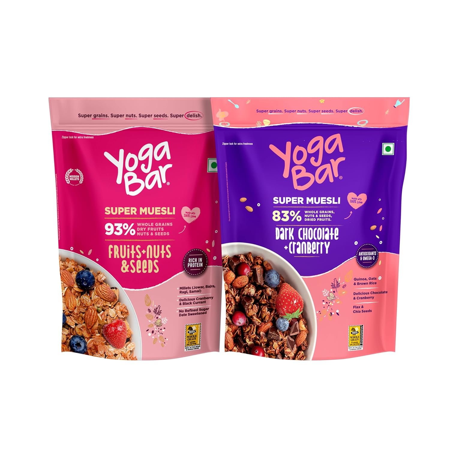 Yogabar Wholegrain Breakfast Muesli Combo | Fruits, Nuts and Seeds 700gm | Dark Chocolate Cranberry 700gm | Nuts + Seeds, Dried Fruits, Whole Grains