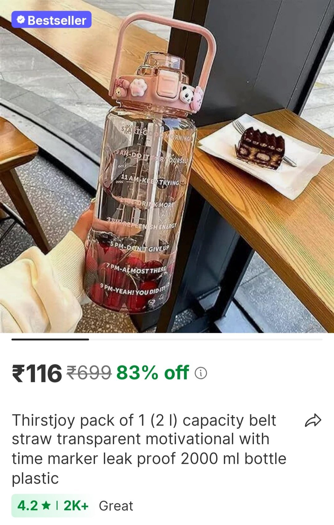 ThirstJoy Pack of 1 (2 L) Capacity Belt Straw Transparent Motivational with Time Marker Leak proof 2000 ml Bottle Plastic Price in India - Buy ThirstJoy Pack of 1 (2 L) Capacity Belt Straw Transparent