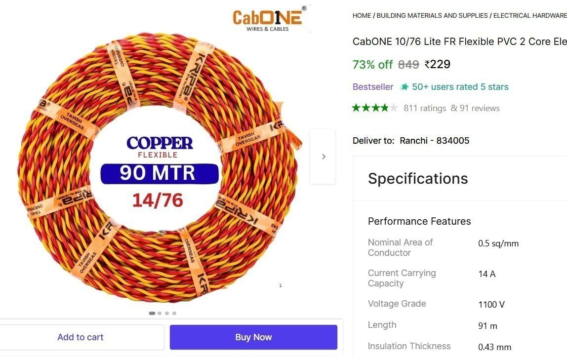 CabONE 10/76 Lite FR Flexible PVC 2 Core Electric Wire For Home & Industry 0.5 sq/mm Red, Yellow 91 m Wire Price in India - Buy CabONE 10/76 Lite FR Flexible PVC 2 Core Electric Wire For Home &