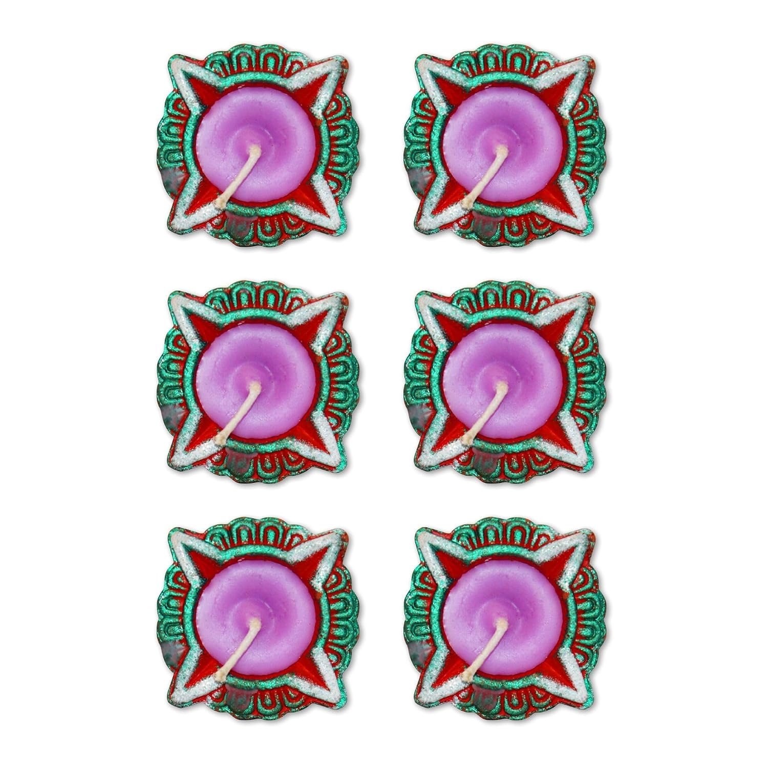 Home Genie Decorative Star-Shaped Diya Candles – Festive Wax Candles with Vibrant Red, Green & Purple Design for Diwali, Weddings, and Home Decoration Pack of 6