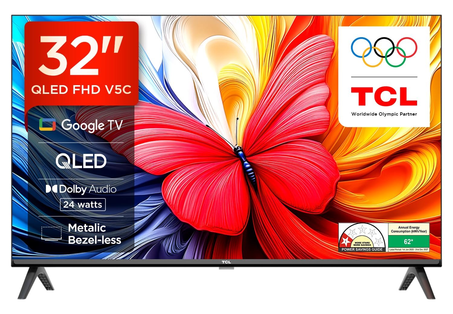 TCL 80 cms (32 inches) Full HD Smart QLED Google TV | Dolby Audio 24 watts | Ai Clarity | Metallic Bezel-Less | Multiple Viewing Mode | 32V5C