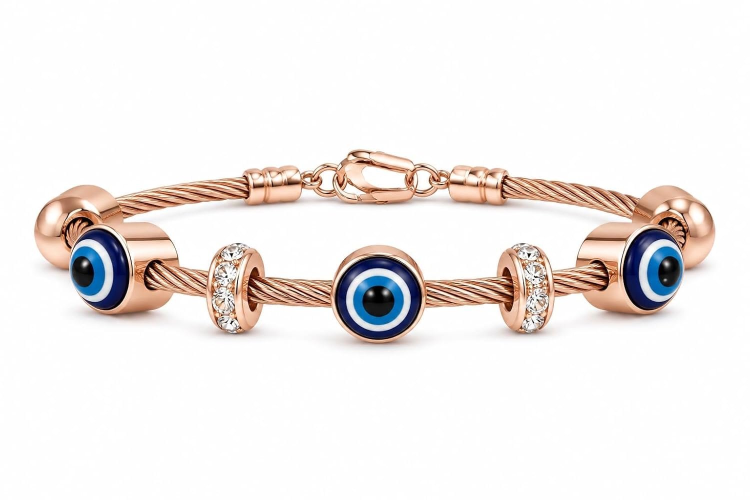 Evil Eye Charm Bracelet for Women | Rose Gold Crystal Cable Bracelet | Designer Fashion Jewellery | Gift for Women & Girls