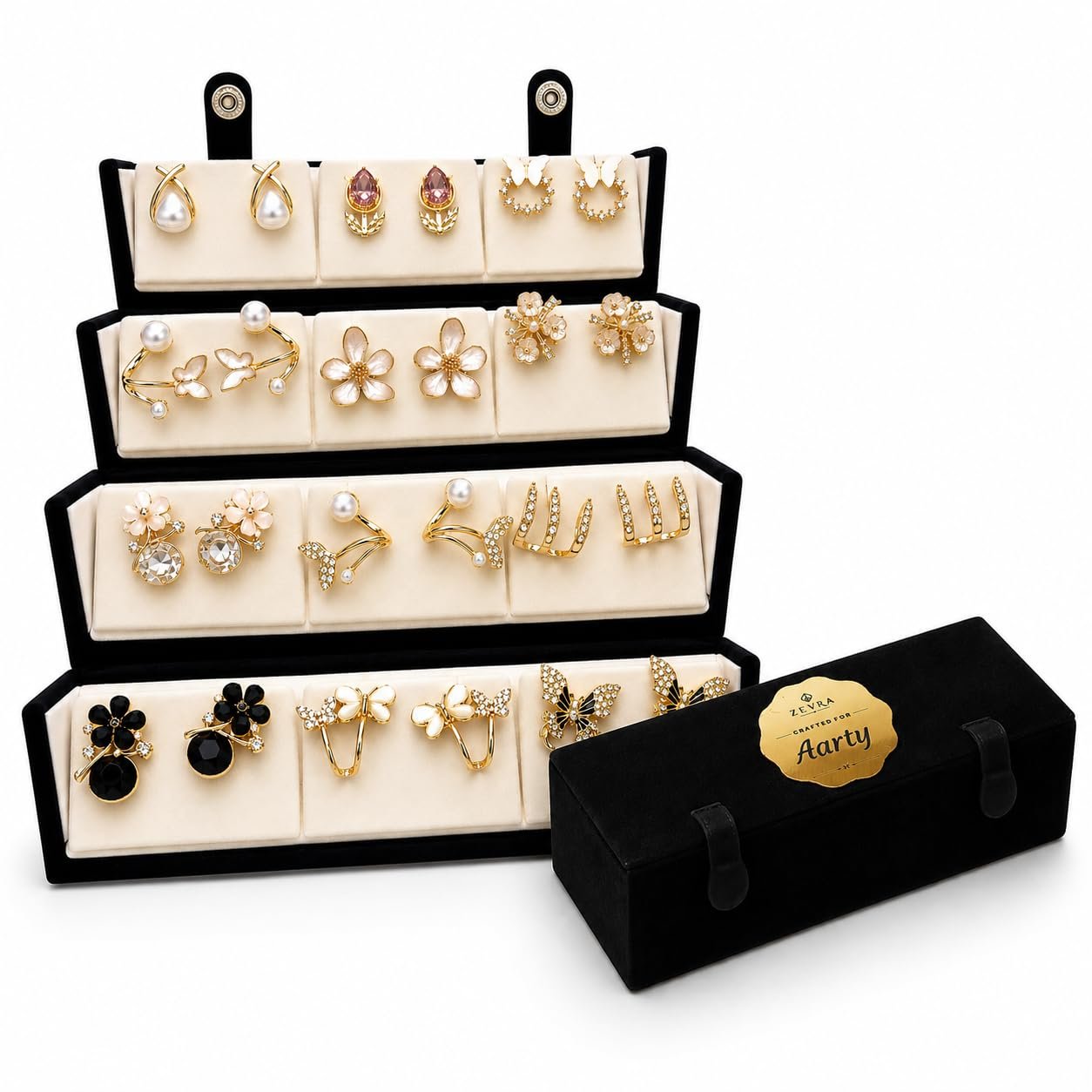 ZEVRA Custom Name Velvet Jewellery Box with 12 Pairs Earrings | Personalised Name, Travel Storage Case, For Women & Girls, 4-Tier Organiser, Velvet Finish